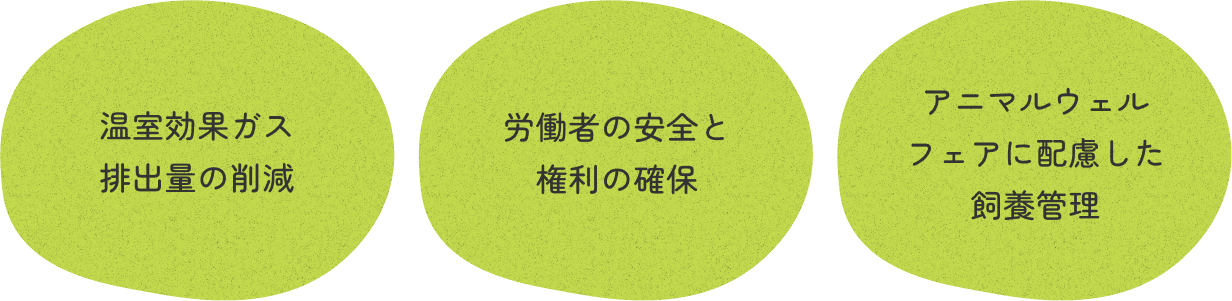 温室効果ガス排出量の削減 労働者の安全と権利の確保 アニマルウェルフェアに配慮した飼養管理